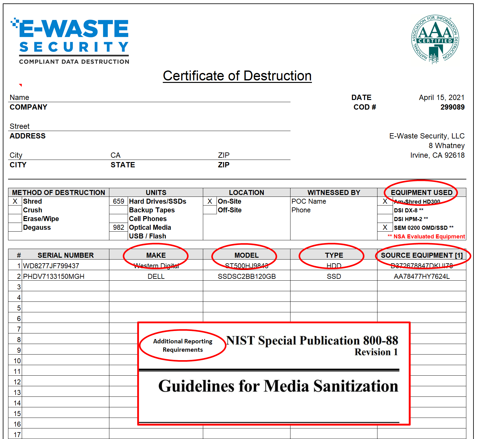 NIST 80088 Certificate of Destruction EWaste Security