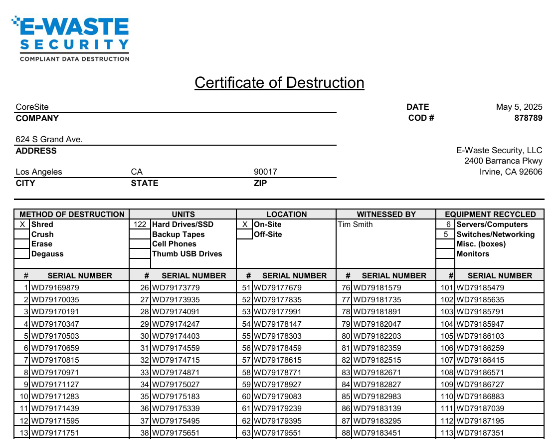 COD Sample 8.25 Sample Certificate of Destruction for hard drive data destruction